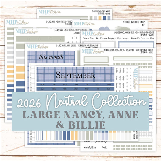 SEPTEMBER 2026 Neutral Collection Stickers for the Large Nancy, Anne, & Billie Laurel Denise Planners || OGN