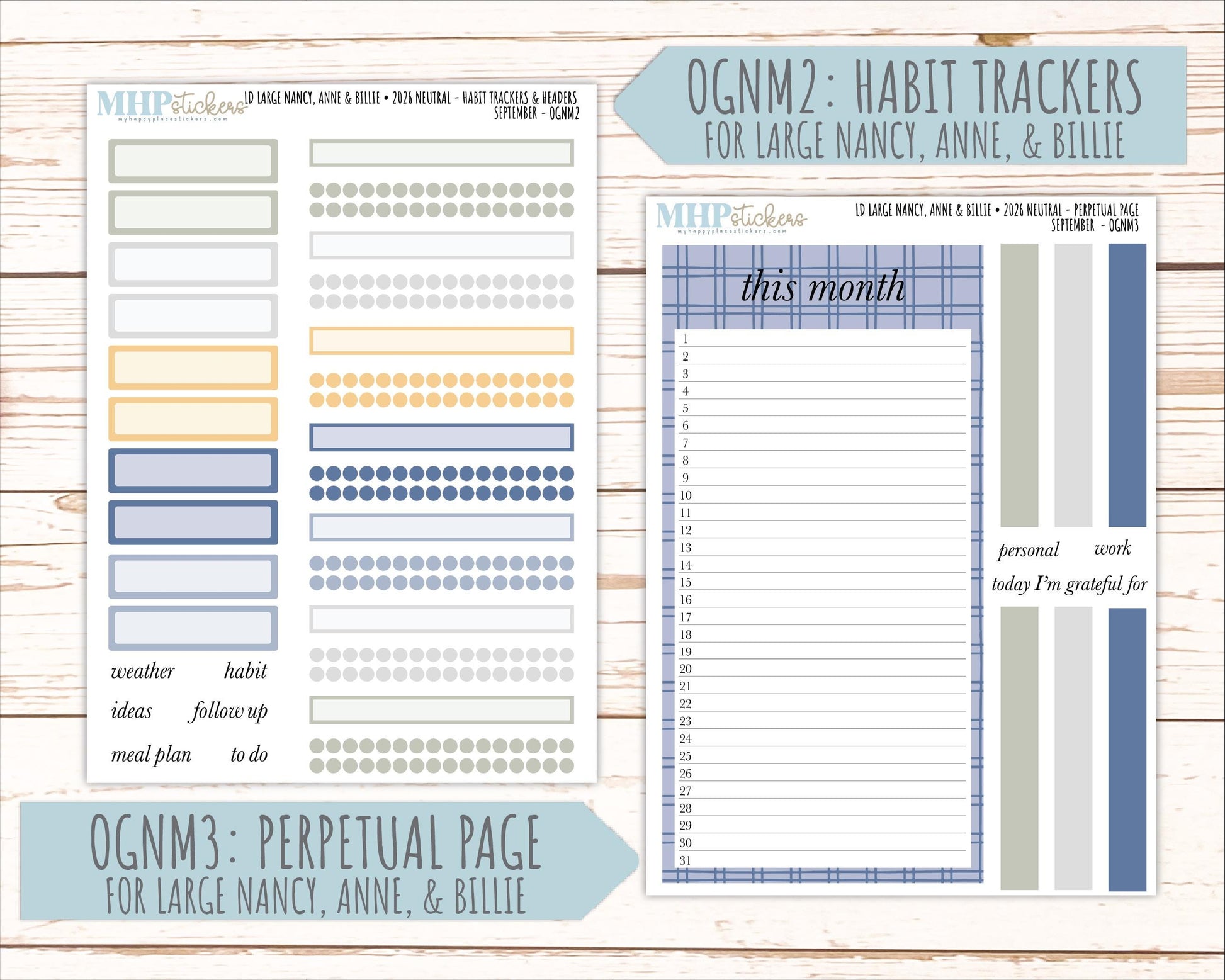SEPTEMBER 2026 Neutral Collection Stickers for the Large Nancy, Anne, & Billie Laurel Denise Planners || OGN