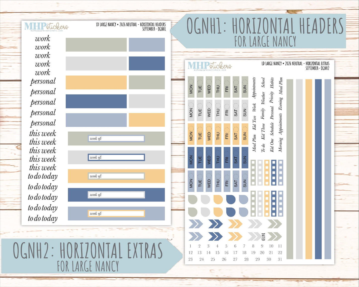 SEPTEMBER 2026 Neutral Collection Stickers for the Large Nancy, Anne, & Billie Laurel Denise Planners || OGN