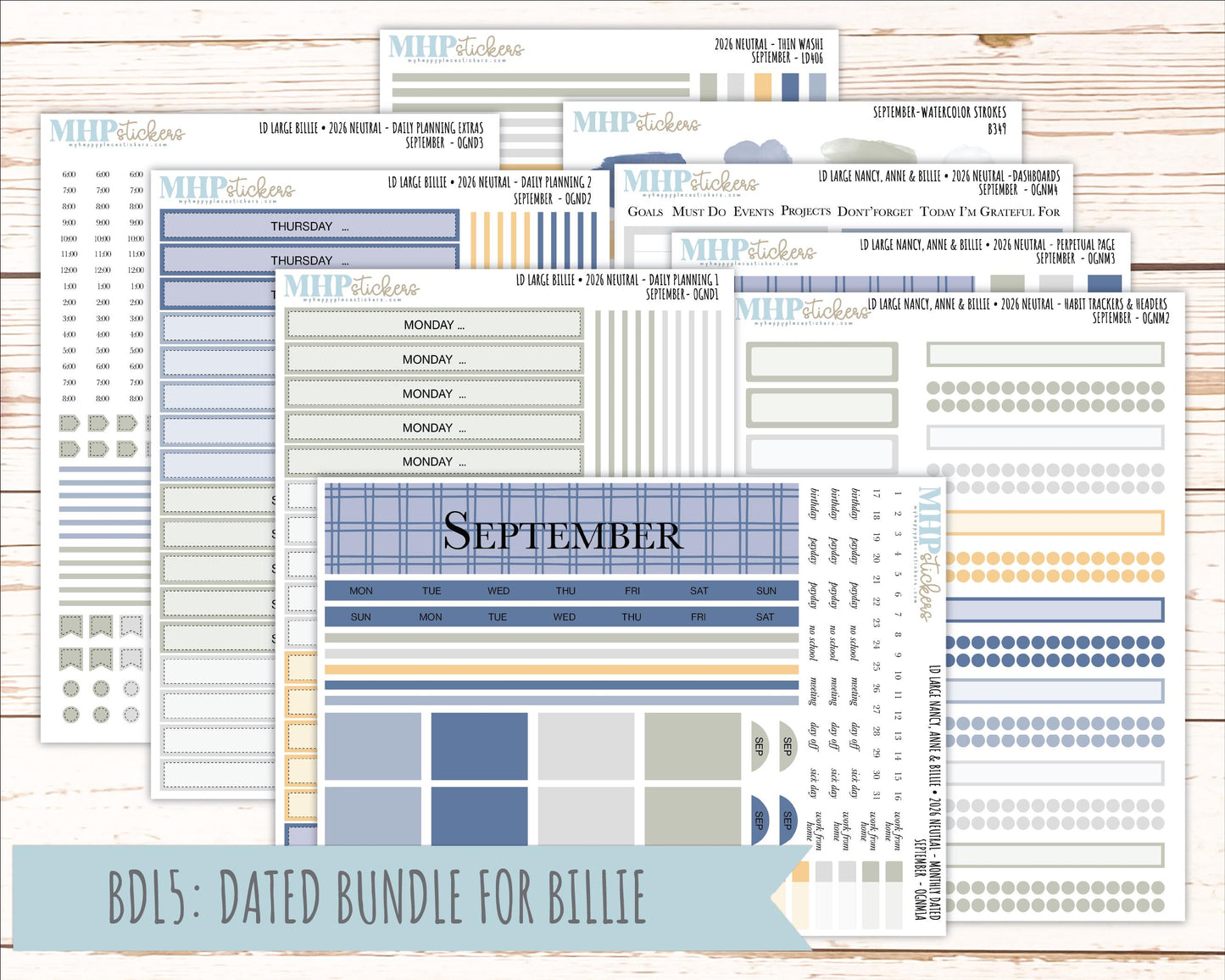 SEPTEMBER 2026 Neutral Collection Stickers for the Large Nancy, Anne, & Billie Laurel Denise Planners || OGN