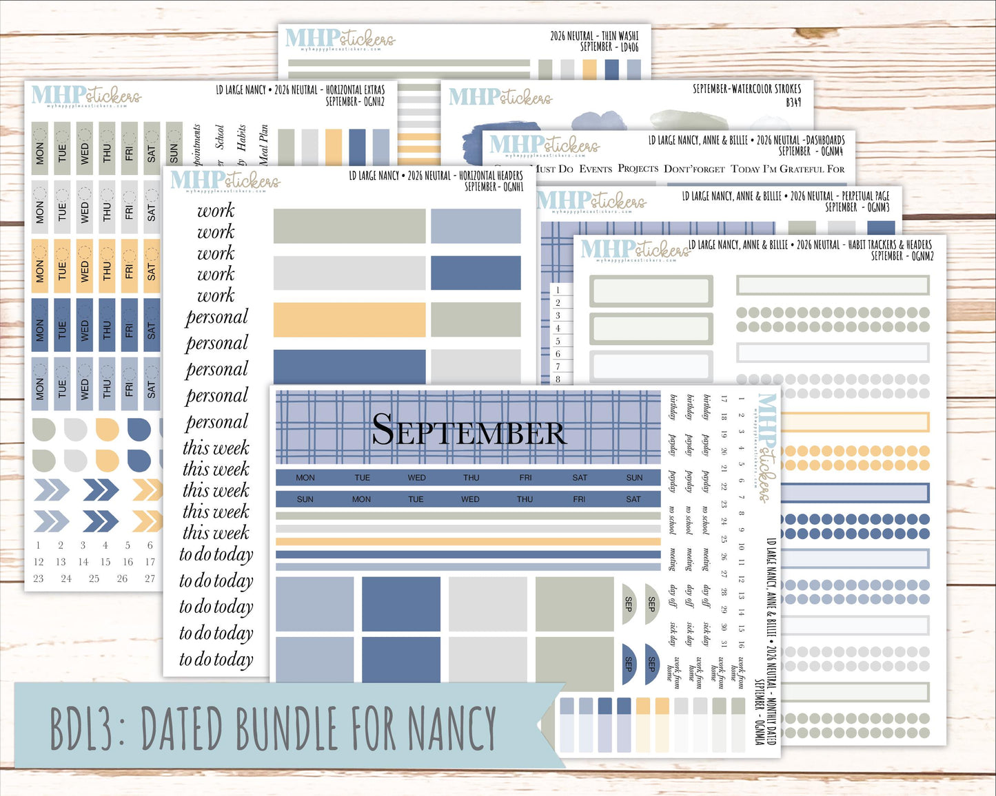 SEPTEMBER 2026 Neutral Collection Stickers for the Large Nancy, Anne, & Billie Laurel Denise Planners || OGN