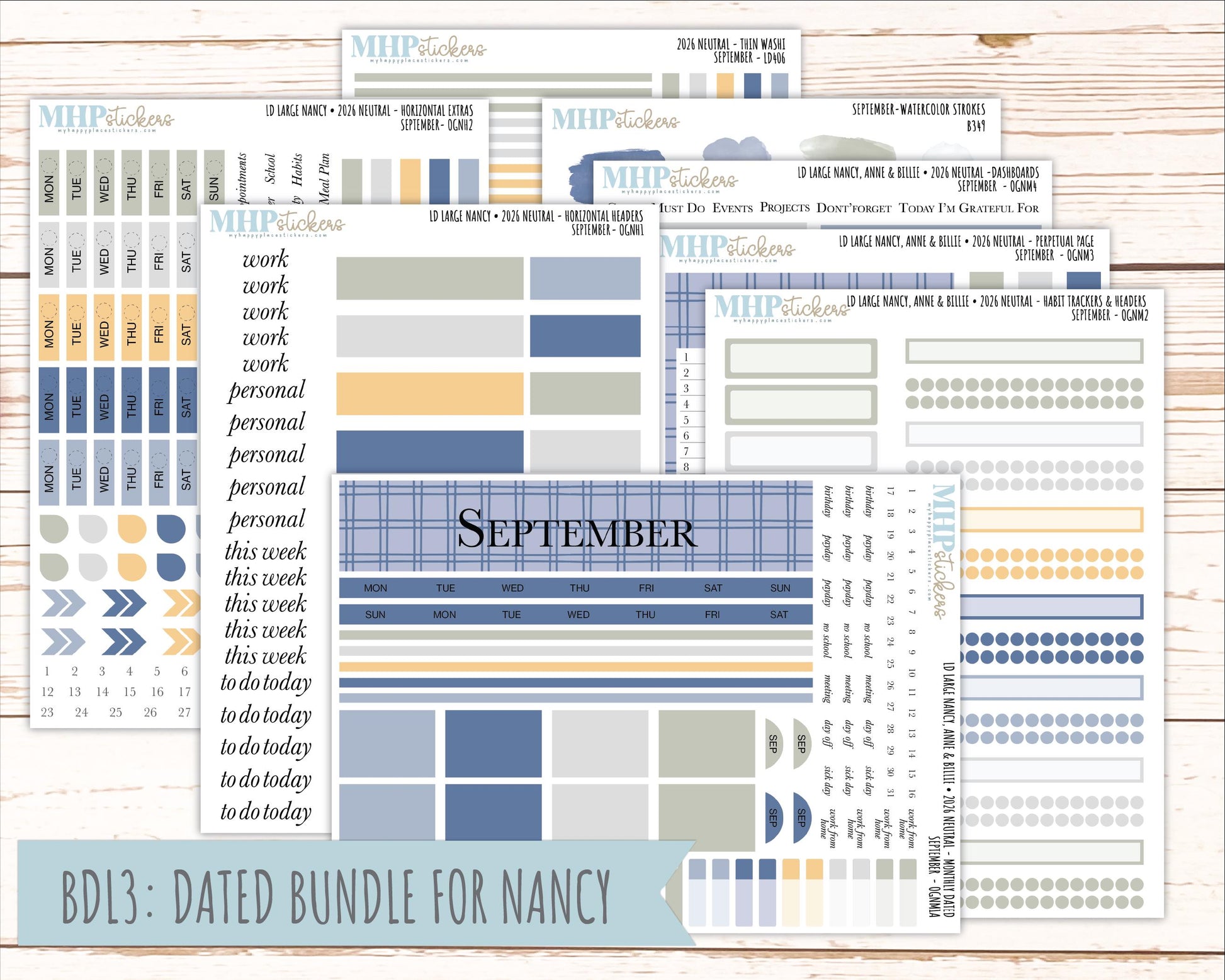 SEPTEMBER 2026 Neutral Collection Stickers for the Large Nancy, Anne, & Billie Laurel Denise Planners || OGN