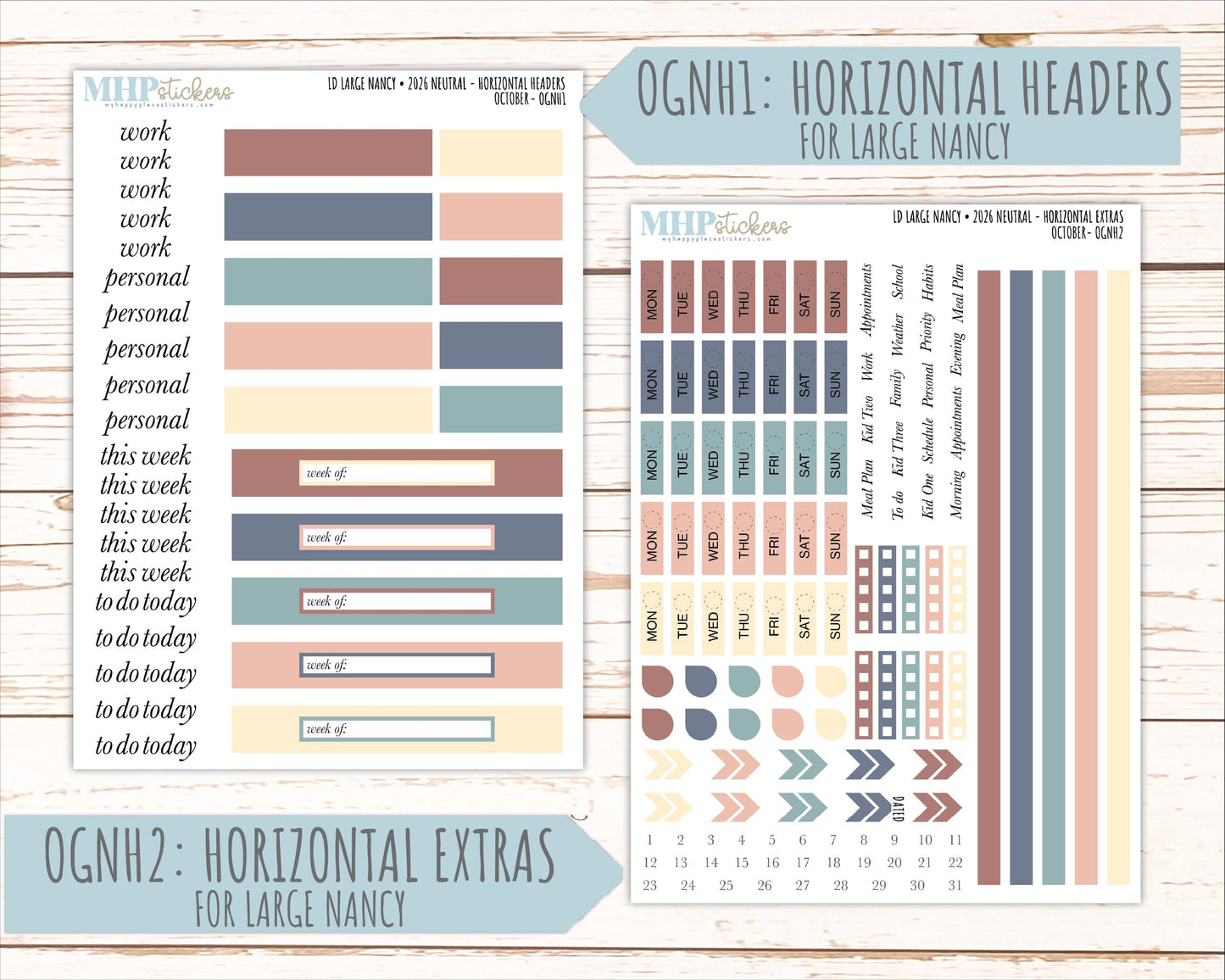 OCTOBER 2026 Neutral Collection Stickers for the Large Nancy, Anne, & Billie Laurel Denise Planners || OGN