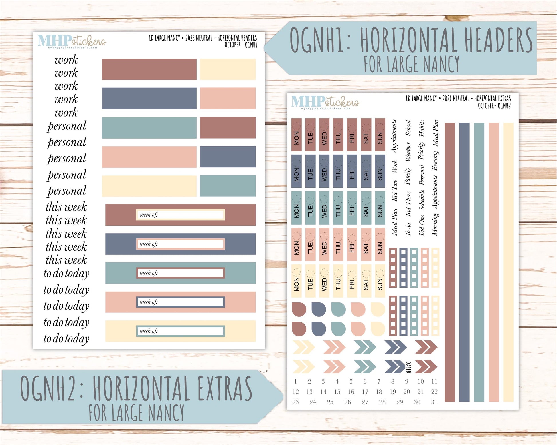 OCTOBER 2026 Neutral Collection Stickers for the Large Nancy, Anne, & Billie Laurel Denise Planners || OGN