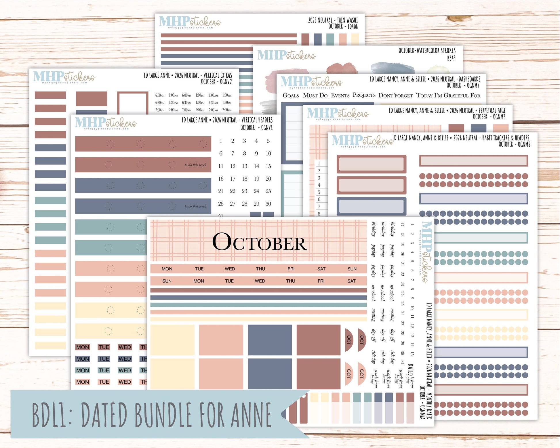 OCTOBER 2026 Neutral Collection Stickers for the Large Nancy, Anne, & Billie Laurel Denise Planners || OGN