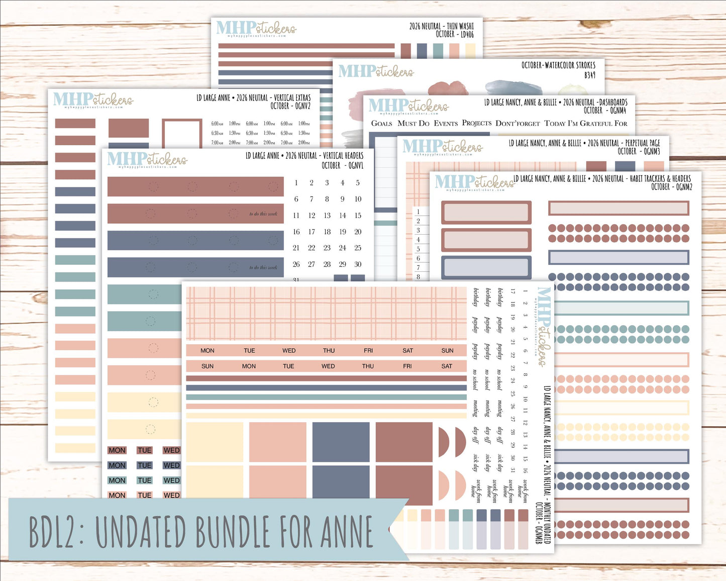 OCTOBER 2026 Neutral Collection Stickers for the Large Nancy, Anne, & Billie Laurel Denise Planners || OGN