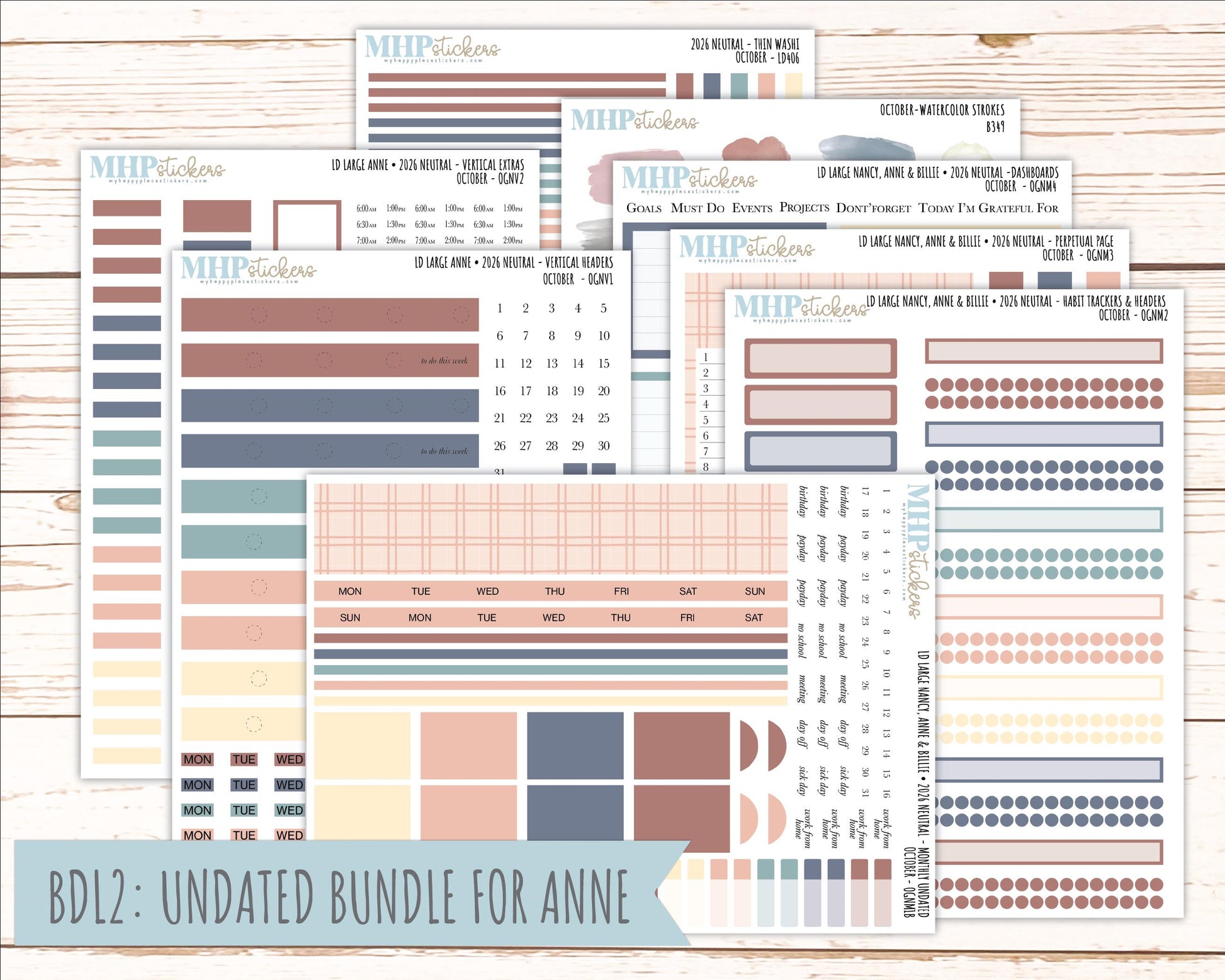 OCTOBER 2026 Neutral Collection Stickers for the Large Nancy, Anne, & Billie Laurel Denise Planners || OGN