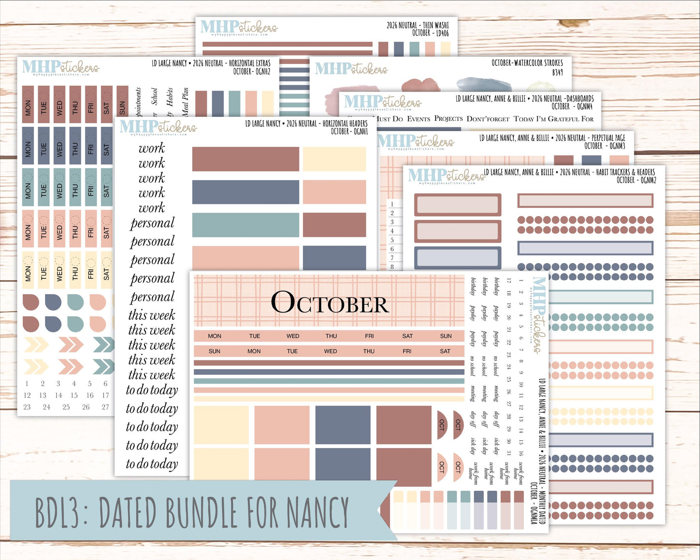 OCTOBER 2026 Neutral Collection Stickers for the Large Nancy, Anne, & Billie Laurel Denise Planners || OGN