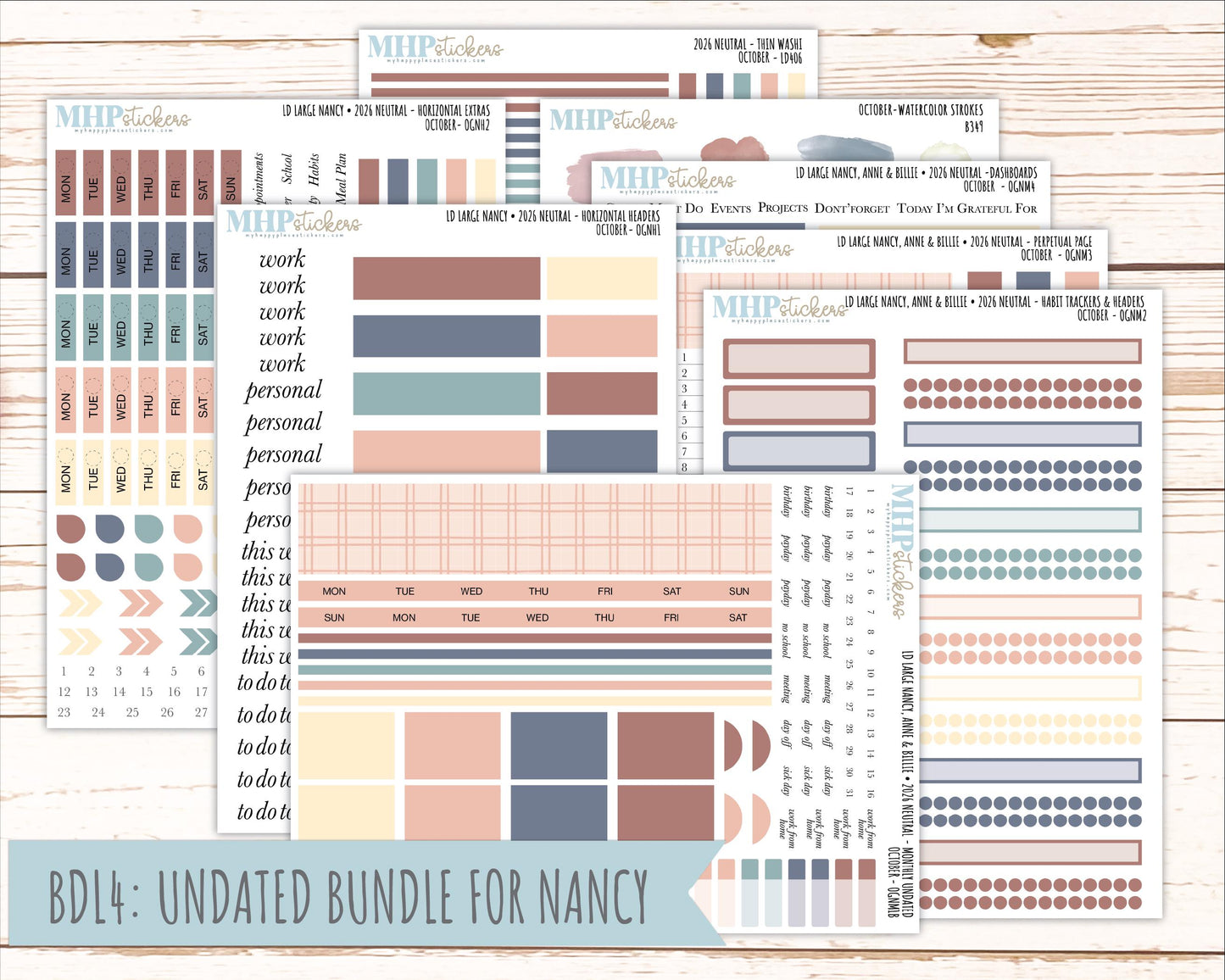 OCTOBER 2026 Neutral Collection Stickers for the Large Nancy, Anne, & Billie Laurel Denise Planners || OGN