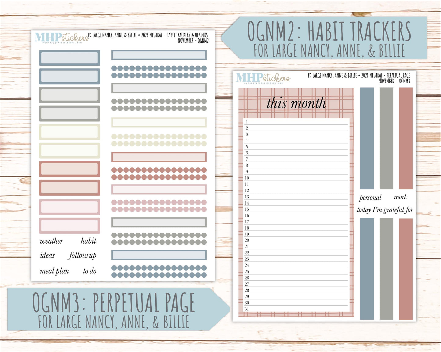 NOVEMBER 2026 Neutral Collection Stickers for the Large Nancy, Anne, & Billie Laurel Denise Planners || OGN