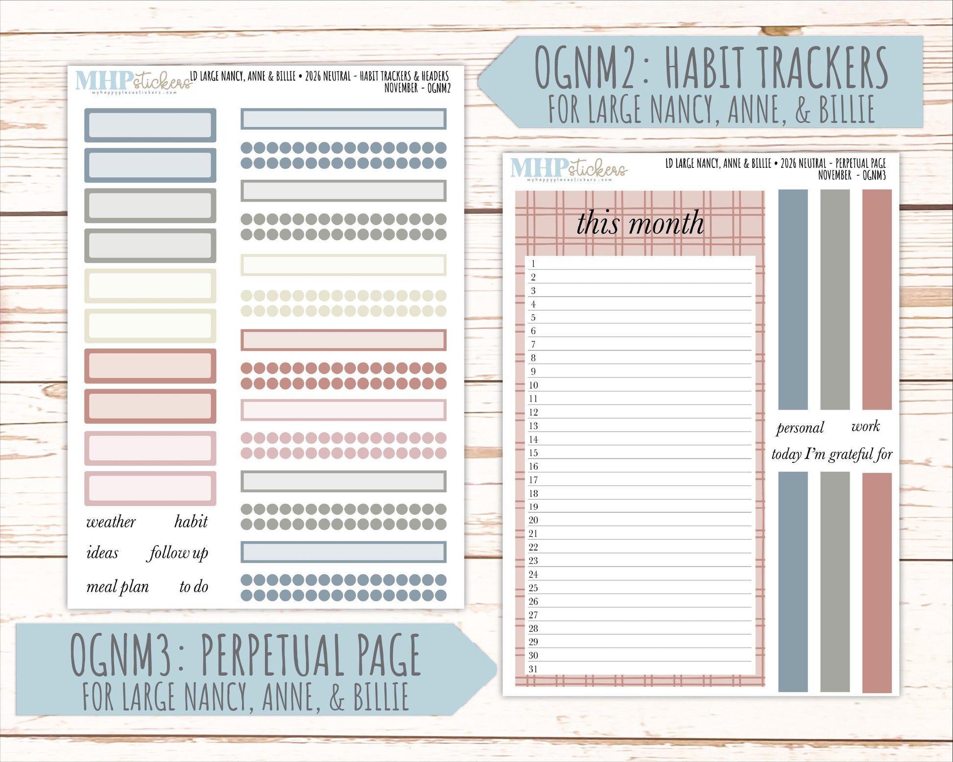 NOVEMBER 2026 Neutral Collection Stickers for the Large Nancy, Anne, & Billie Laurel Denise Planners || OGN