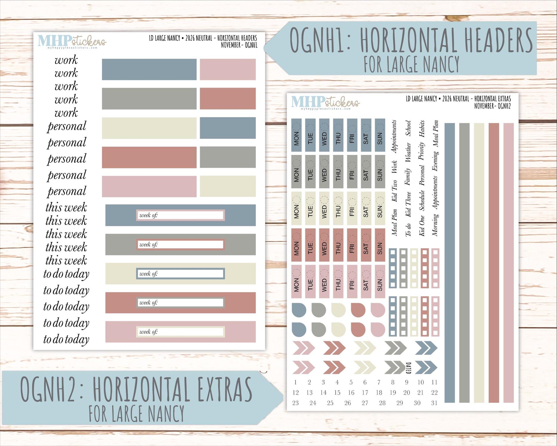 NOVEMBER 2026 Neutral Collection Stickers for the Large Nancy, Anne, & Billie Laurel Denise Planners || OGN