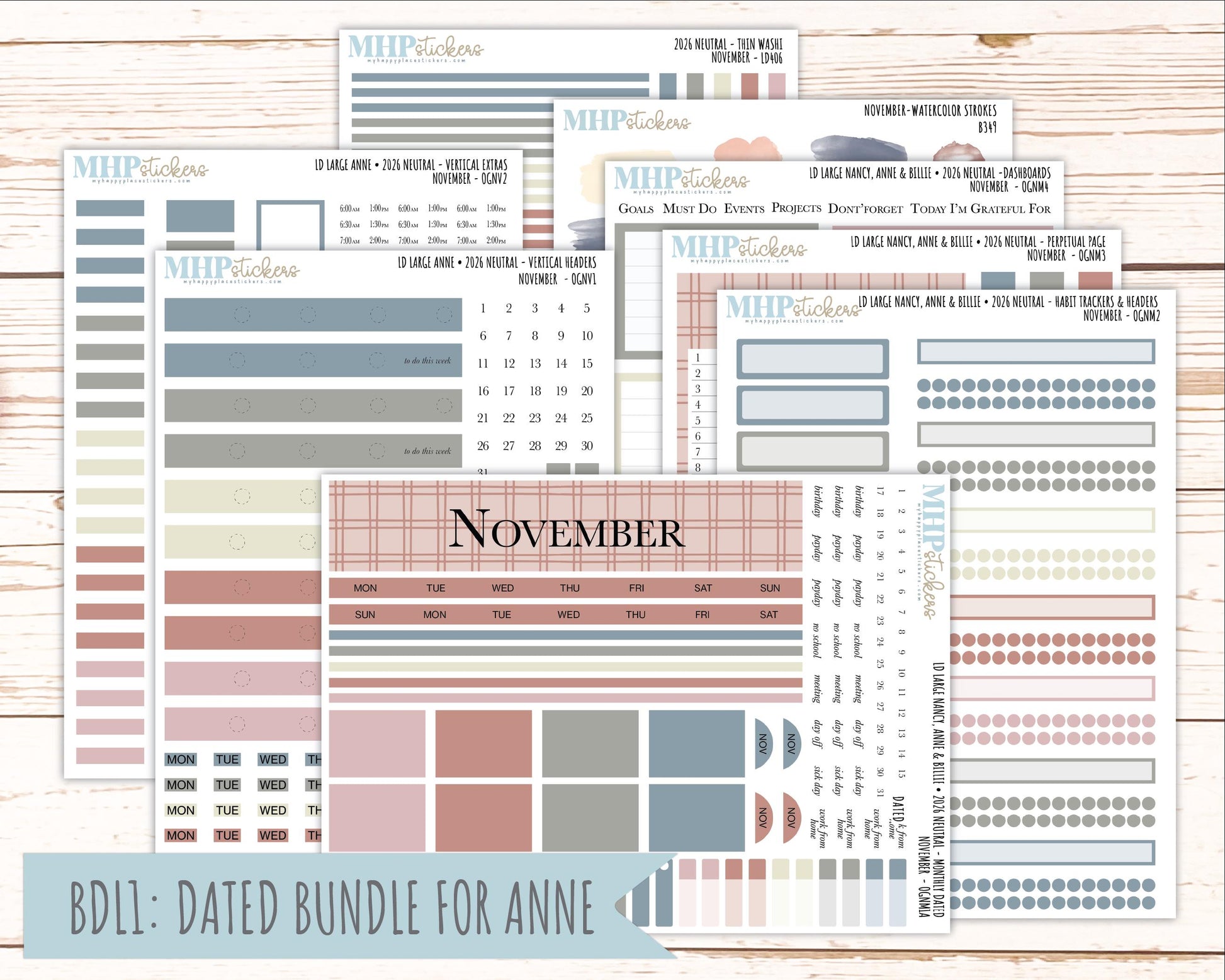 NOVEMBER 2026 Neutral Collection Stickers for the Large Nancy, Anne, & Billie Laurel Denise Planners || OGN