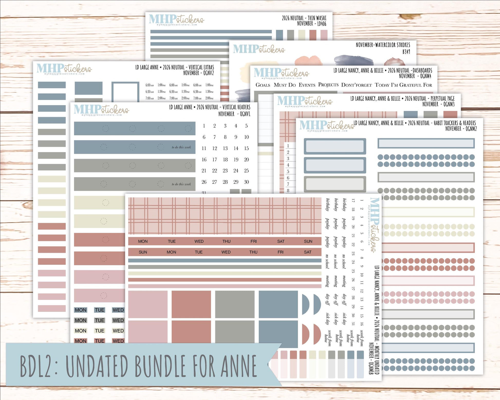 NOVEMBER 2026 Neutral Collection Stickers for the Large Nancy, Anne, & Billie Laurel Denise Planners || OGN