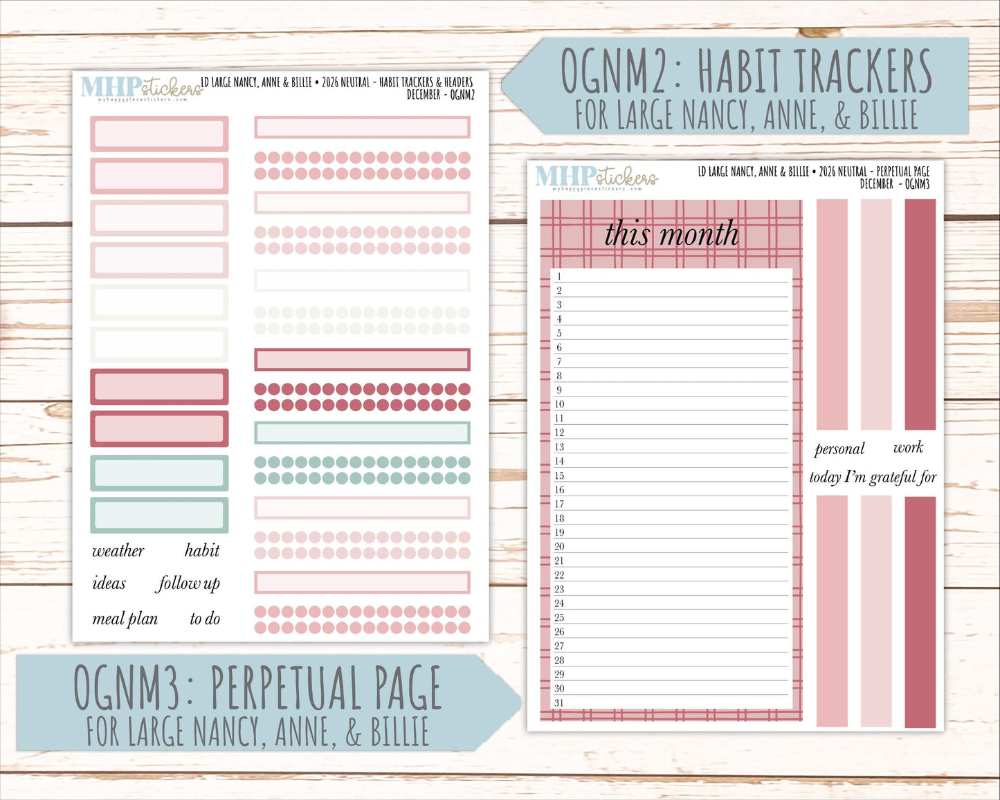 DECEMBER 2026 Neutral Collection Stickers for the Large Nancy, Anne, & Billie Laurel Denise Planners || OGN