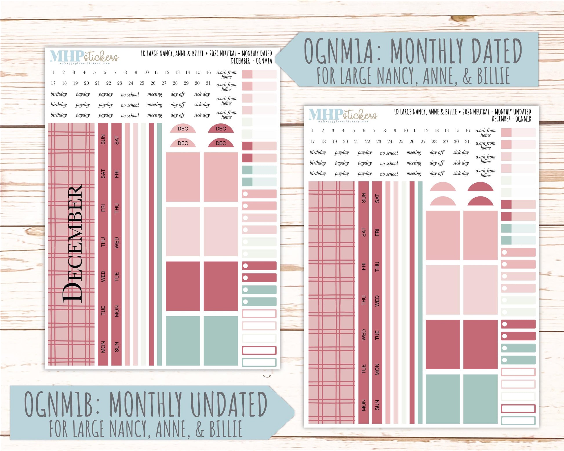 DECEMBER 2026 Neutral Collection Stickers for the Large Nancy, Anne, & Billie Laurel Denise Planners || OGN