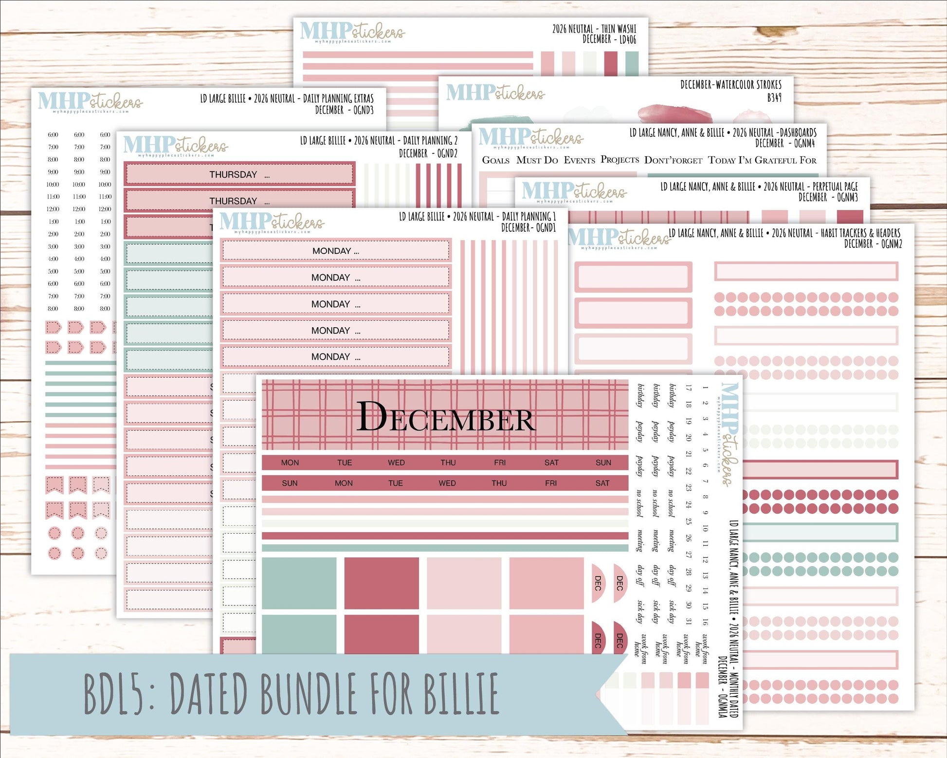 DECEMBER 2026 Neutral Collection Stickers for the Large Nancy, Anne, & Billie Laurel Denise Planners || OGN