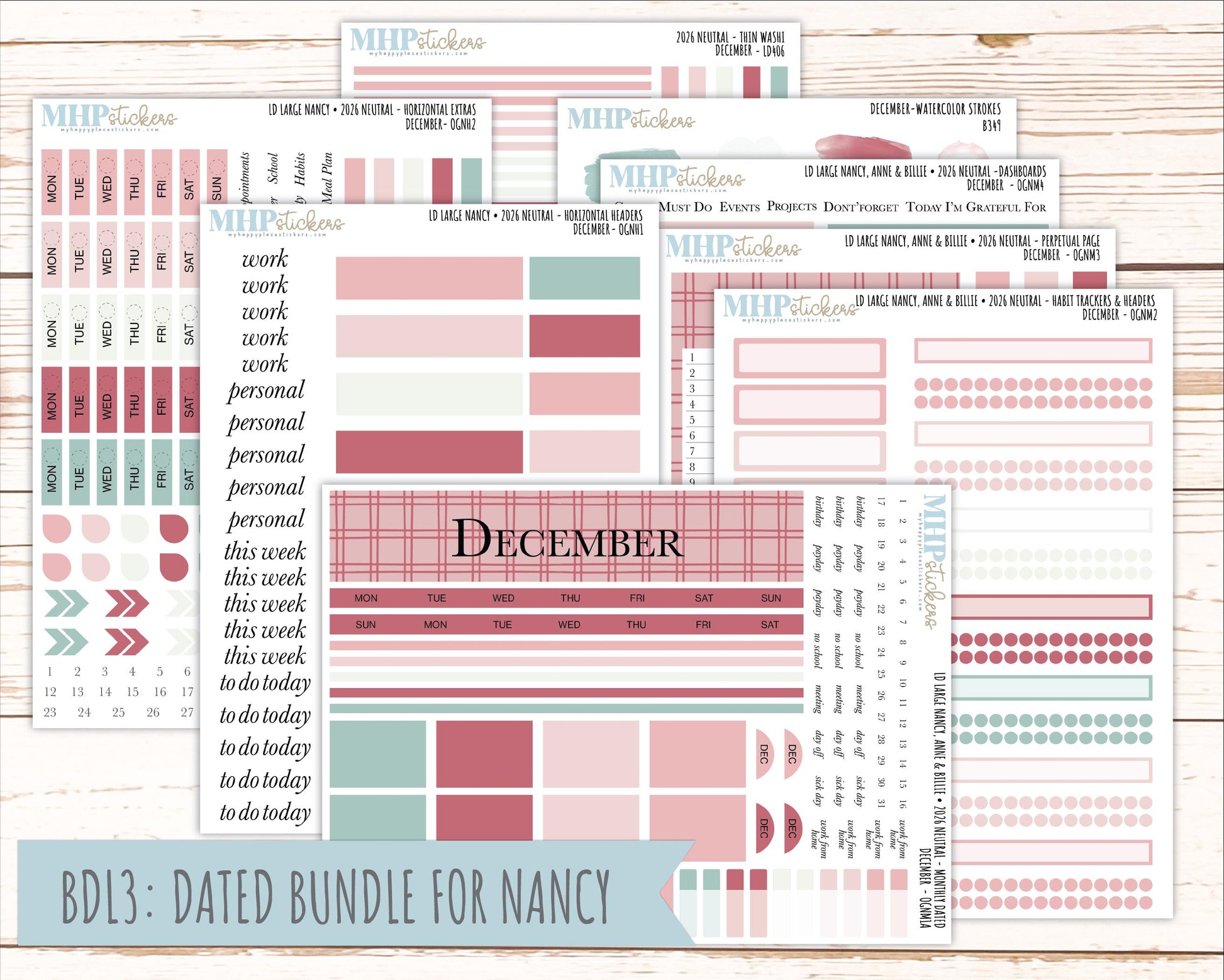 DECEMBER 2026 Neutral Collection Stickers for the Large Nancy, Anne, & Billie Laurel Denise Planners || OGN