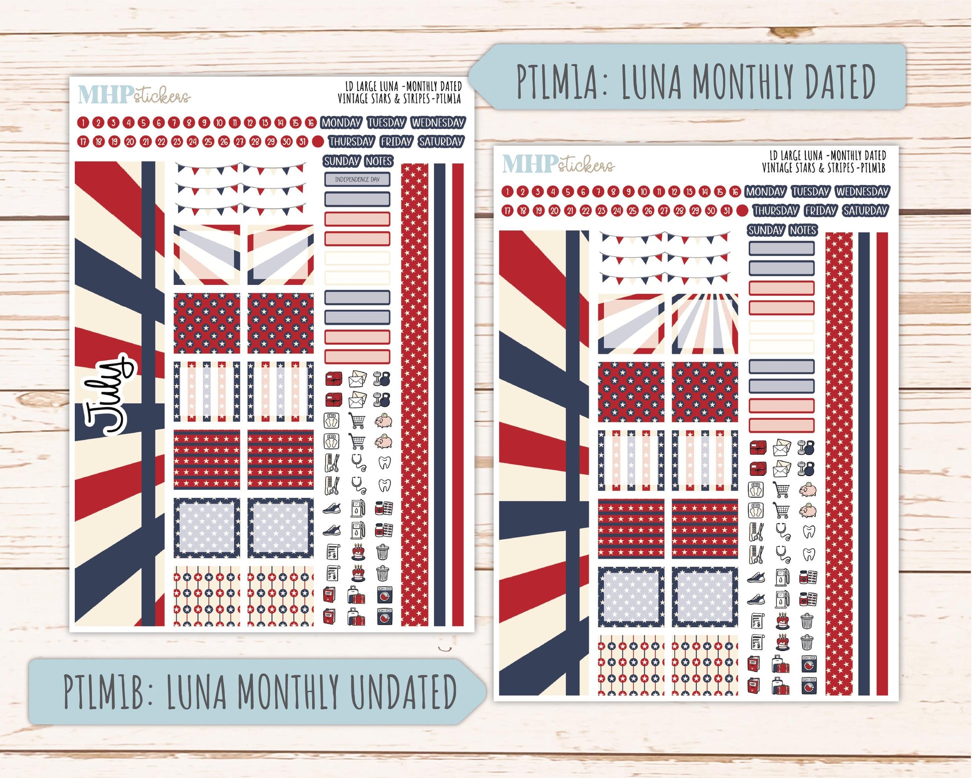JULY 2026 Stickers for the Large Scout & Large Claire Laurel Denise Planners "Vintage Stars and Stripes" || PT