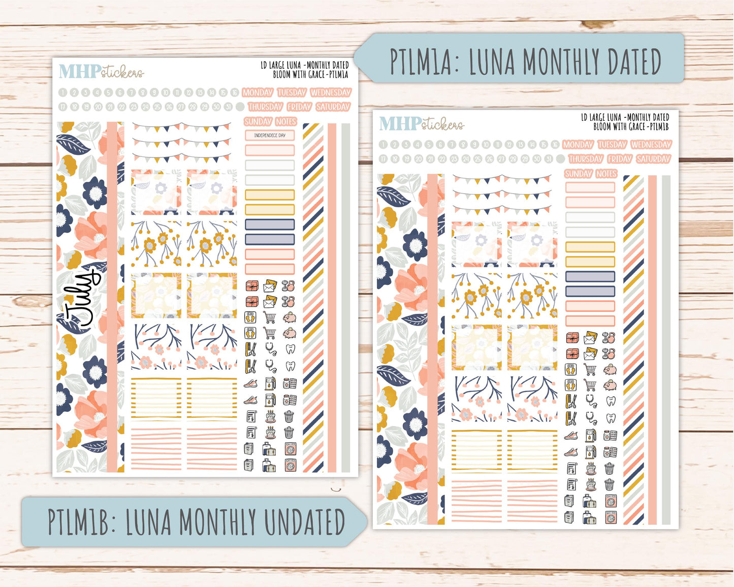 JULY 2026 Stickers for the Large Scout, Large Claire and Large Luna Laurel Denise Planners "Bloom with Grace" || PT