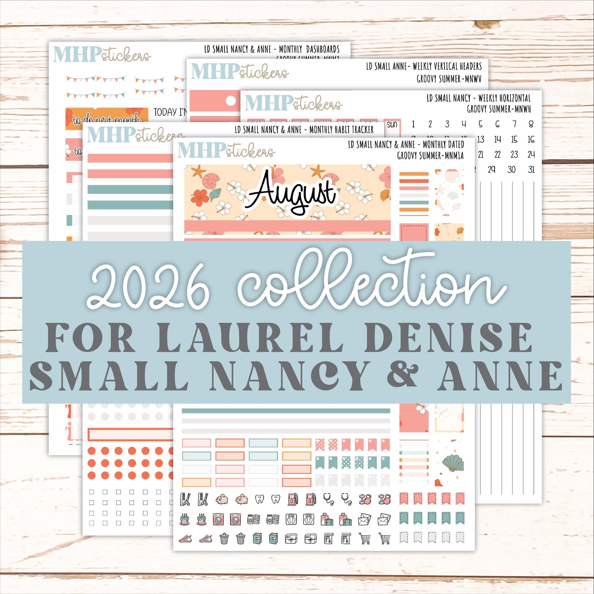 AUGUST 2026 Stickers for Small Nancy & Anne Laurel Denise Planners "Groovy Summer" || MN