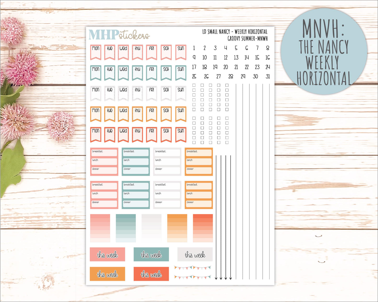 AUGUST 2026 Stickers for Small Nancy & Anne Laurel Denise Planners "Groovy Summer" || MN
