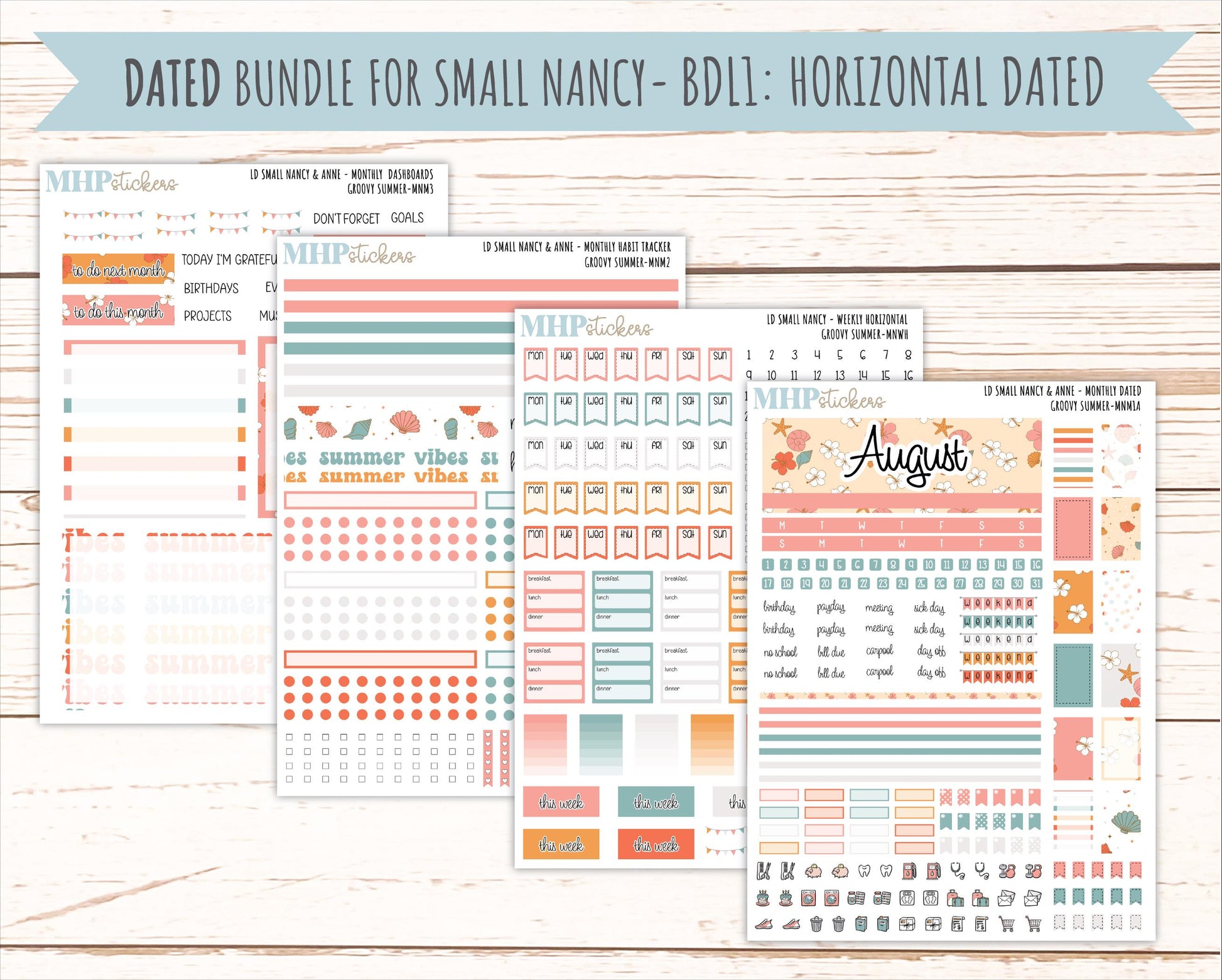 AUGUST 2026 Stickers for Small Nancy & Anne Laurel Denise Planners "Groovy Summer" || MN
