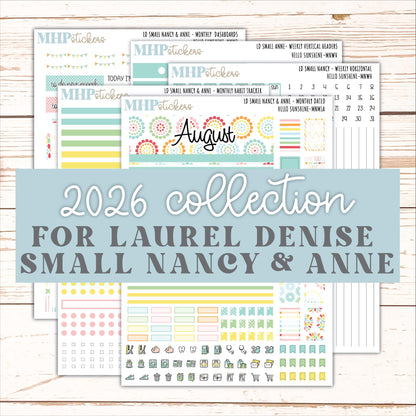 AUGUST 2026 Stickers for Small Nancy & Anne Laurel Denise Planners "Hello Sunshine" || MN