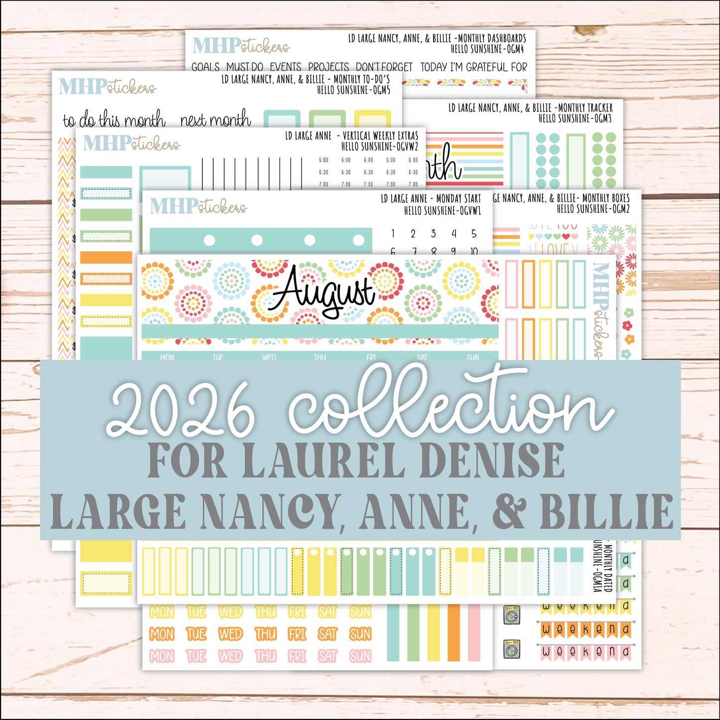 AUGUST 2026 Stickers for Large Nancy, Anne, & Billie Planners. Laurel Denise Planners "Hello Sunshine" || OG