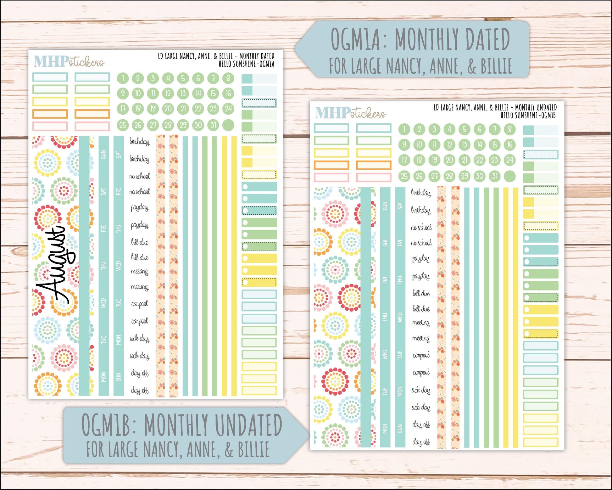 AUGUST 2026 Stickers for Large Nancy, Anne, & Billie Planners. Laurel Denise Planners "Hello Sunshine" || OG