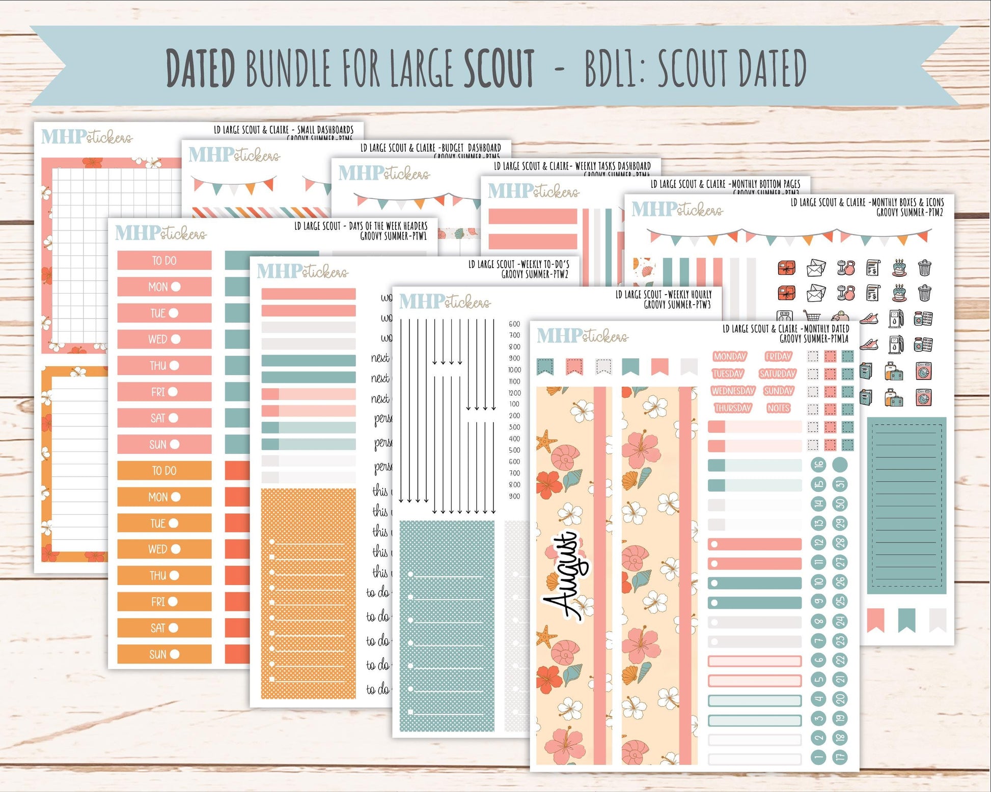 AUGUST 2026 Stickers for the Large Scout, Large Claire, and Large Luna Laurel Denise Planners "Groovy Summer" || PT