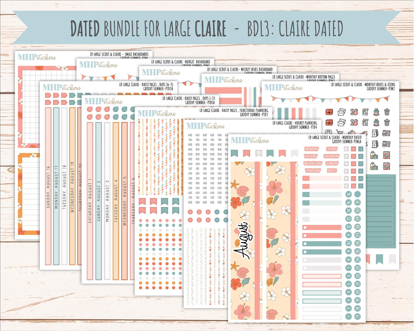 AUGUST 2026 Stickers for the Large Scout, Large Claire, and Large Luna Laurel Denise Planners "Groovy Summer" || PT