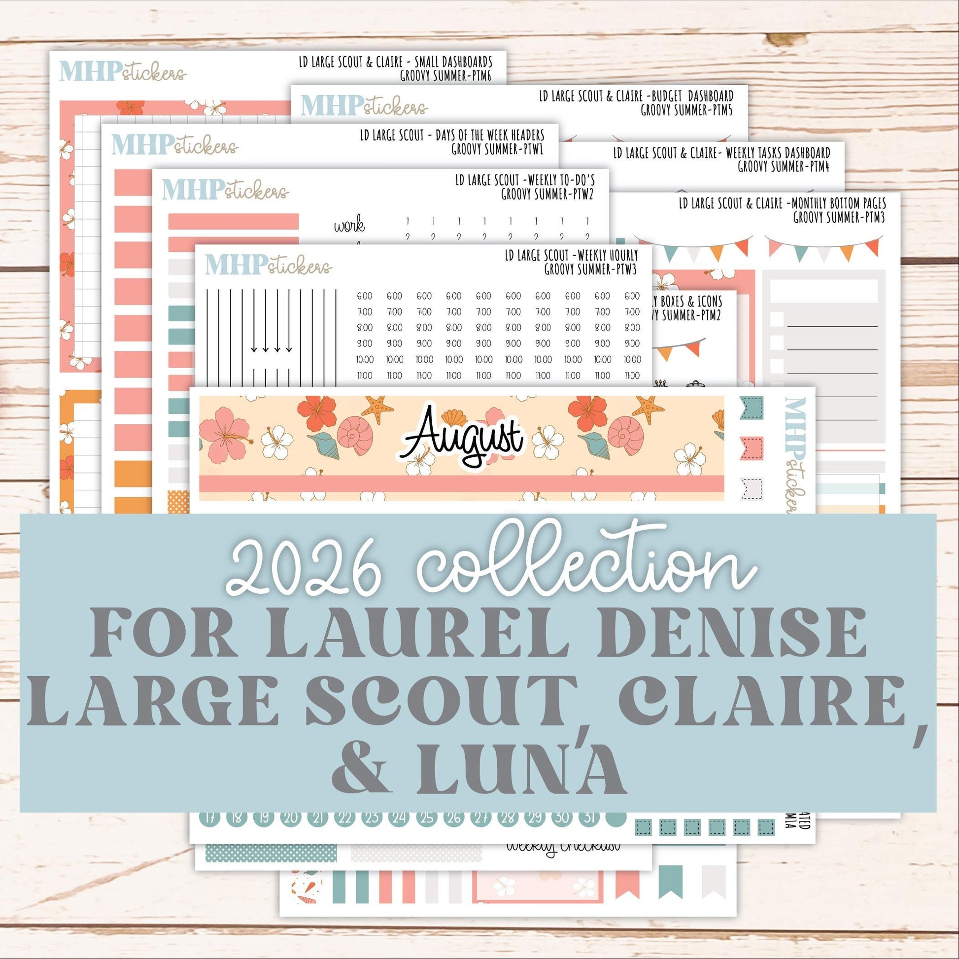 AUGUST 2026 Stickers for the Large Scout, Large Claire, and Large Luna Laurel Denise Planners "Groovy Summer" || PT