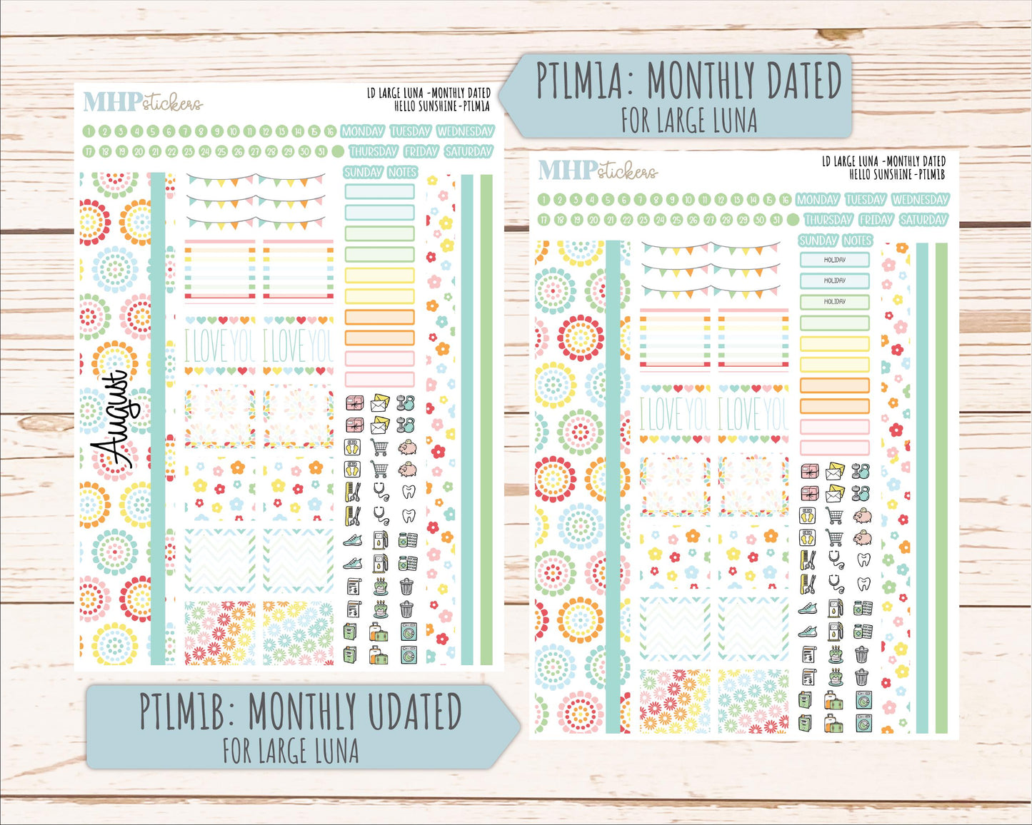 AUGUST 2026 Stickers for the Large Scout, Large Claire, and Large Luna Laurel Denise Planners "Hello Sunshine" || PT