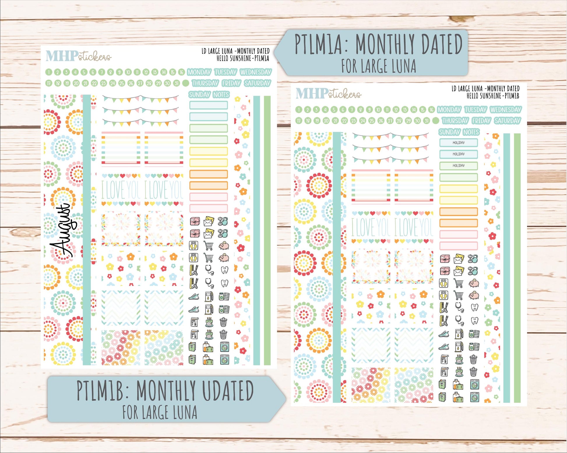 AUGUST 2026 Stickers for the Large Scout, Large Claire, and Large Luna Laurel Denise Planners "Hello Sunshine" || PT