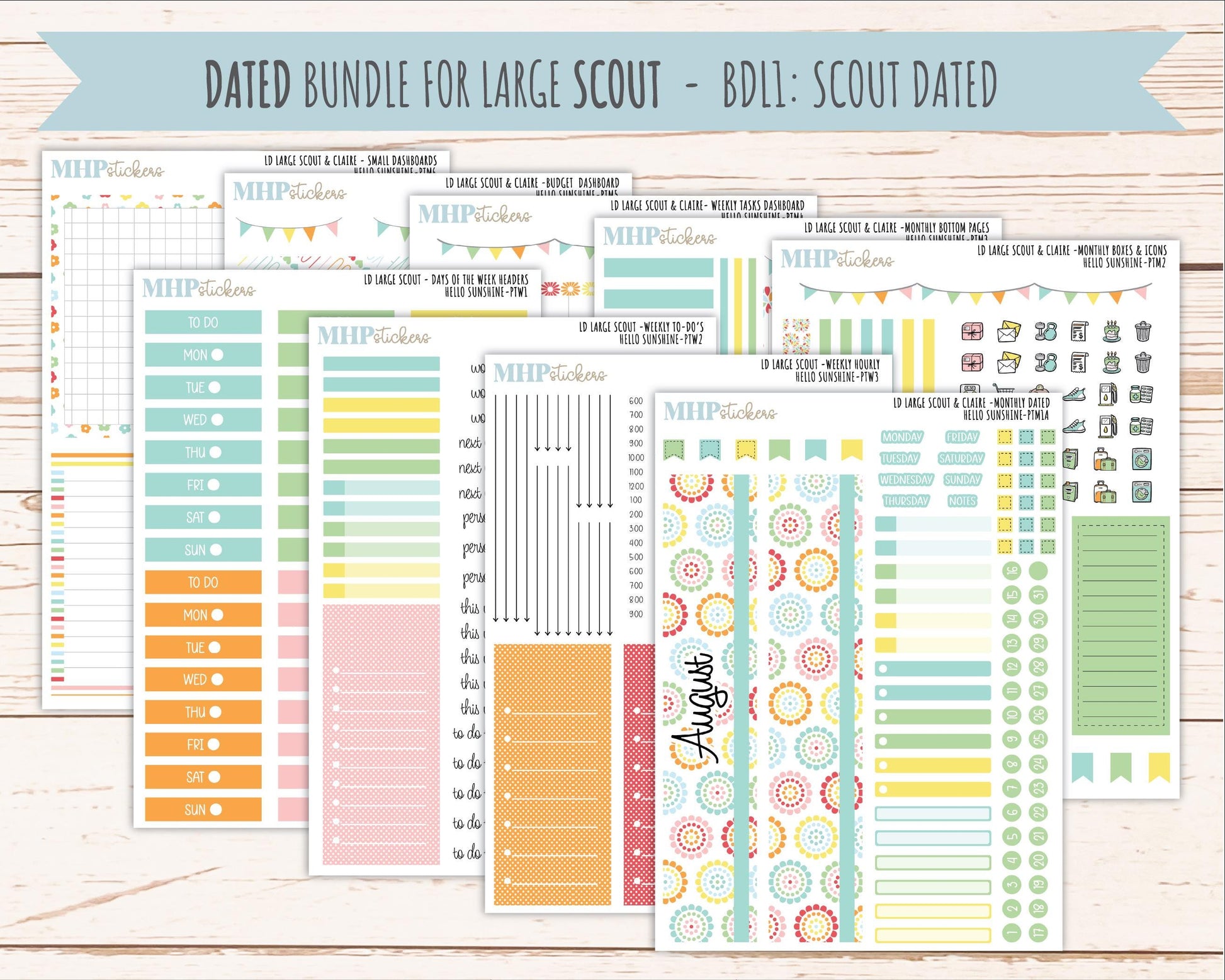 AUGUST 2026 Stickers for the Large Scout, Large Claire, and Large Luna Laurel Denise Planners "Hello Sunshine" || PT