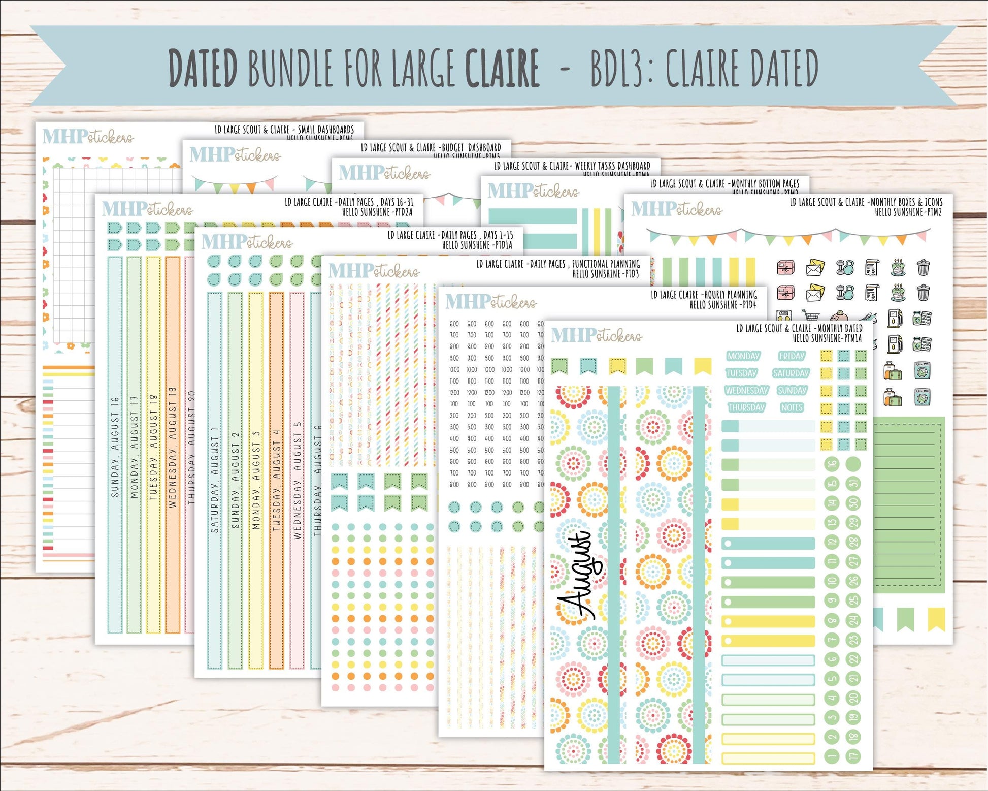AUGUST 2026 Stickers for the Large Scout, Large Claire, and Large Luna Laurel Denise Planners "Hello Sunshine" || PT