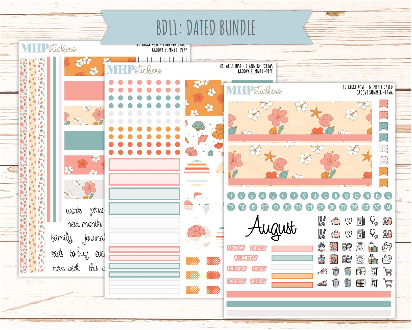 AUGUST 2026 Stickers for the Large Rose Laurel Denise Planner. "Groovy Summer" || PP