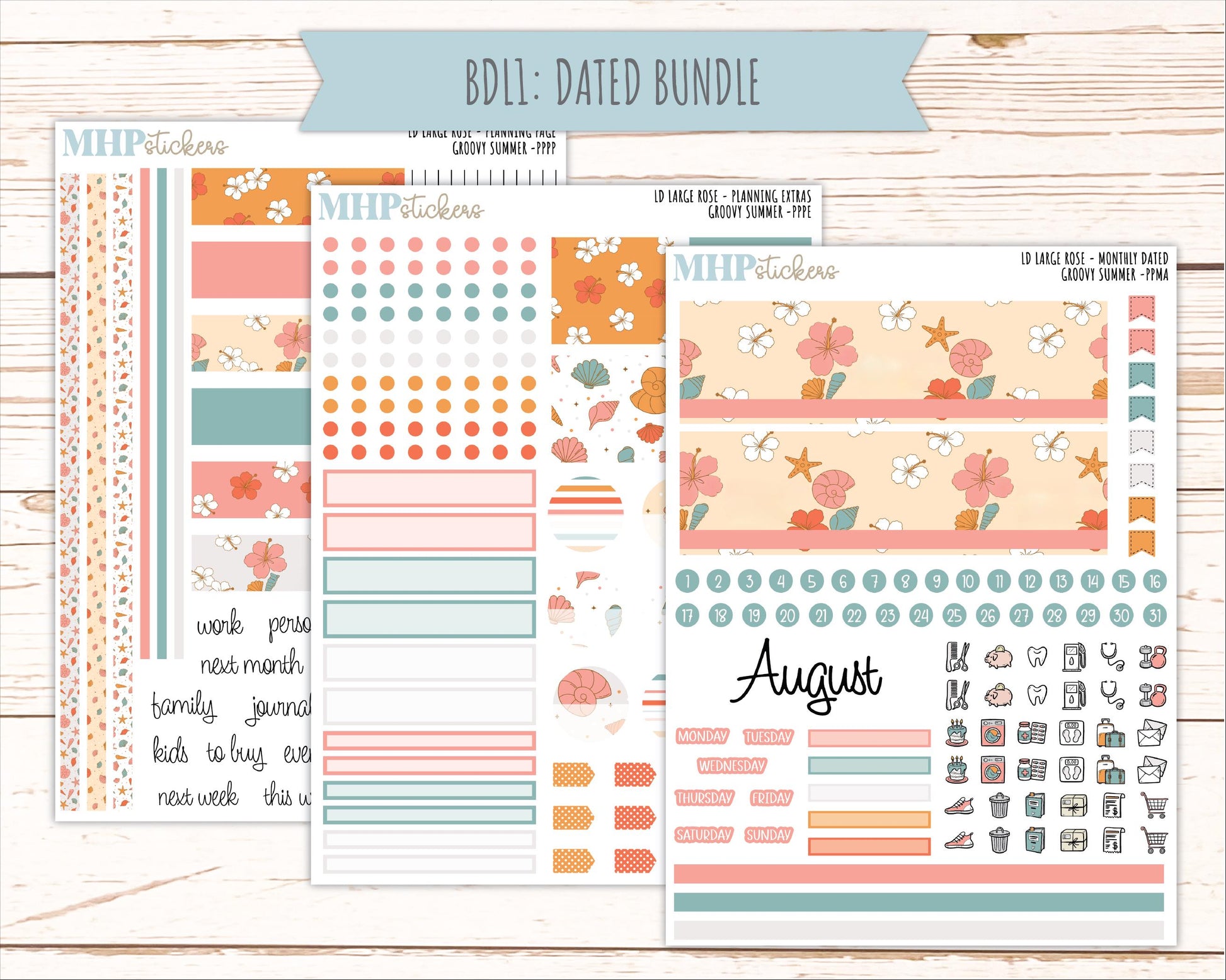 AUGUST 2026 Stickers for the Large Rose Laurel Denise Planner. "Groovy Summer" || PP