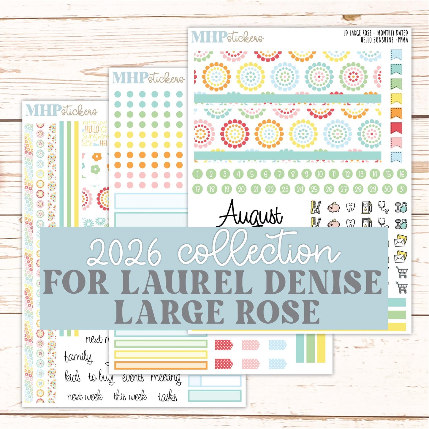 AUGUST 2026 Stickers for the Large Rose Laurel Denise Planner. "Hello Sunshine" || PP
