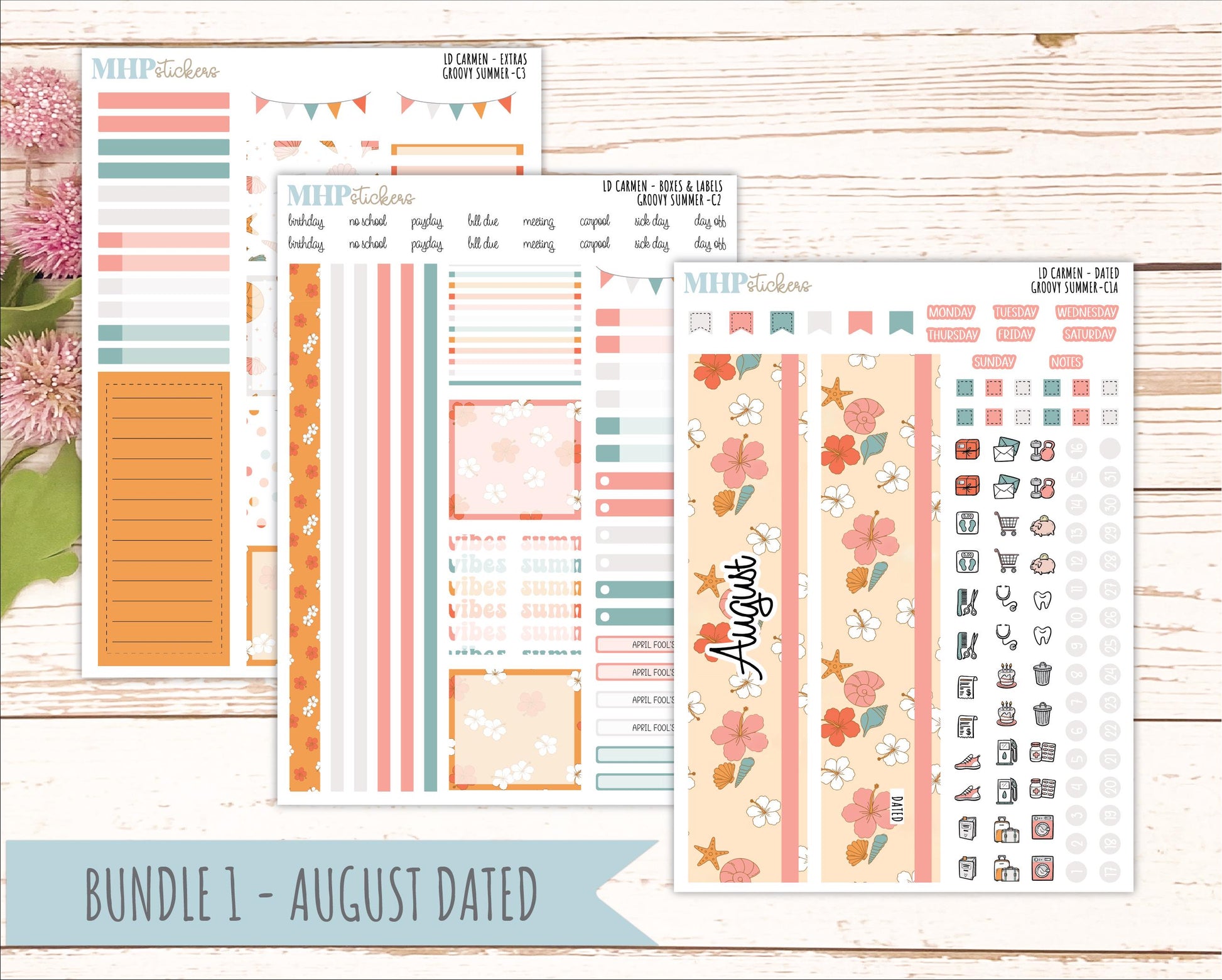 AUGUST 2026 Stickers for The Carmen Laurel Denise Planner "Groovy Summer" || C