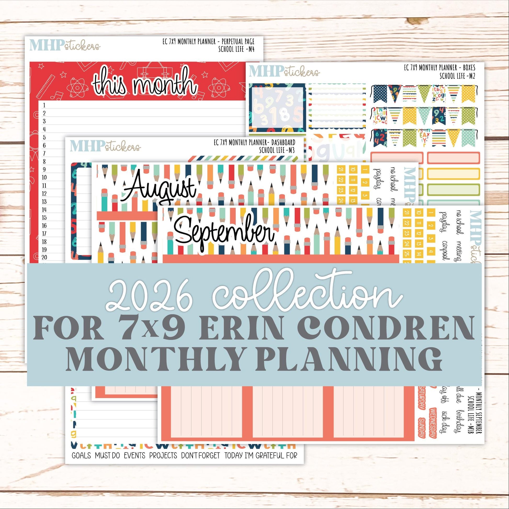AUGUST & SEPTEMBER Monthly Kit for 7x9 Erin Condren Planners. 2026 Collection "School Life" || ECM
