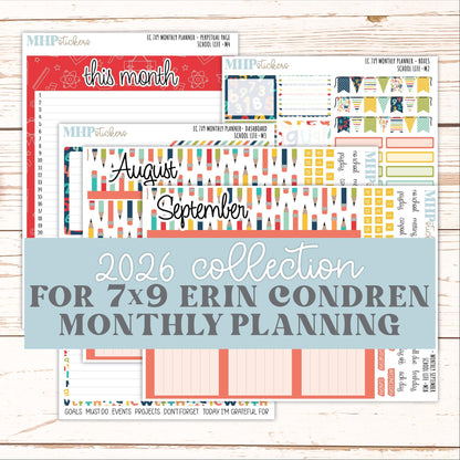 AUGUST & SEPTEMBER Monthly Kit for 7x9 Erin Condren Planners. 2026 Collection "School Life" || ECM