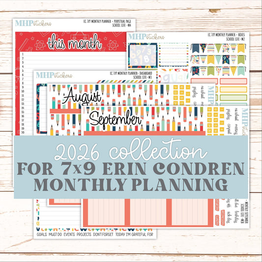 AUGUST & SEPTEMBER Monthly Kit for 7x9 Erin Condren Planners. 2026 Collection "School Life" || ECM