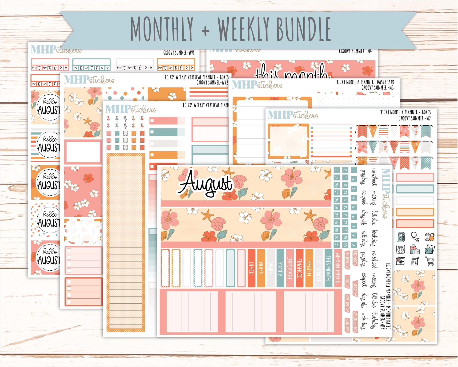 AUGUST Weekly Vertical Kits for 7x9 Erin Condren Planners. 2026 Collection "Groovy Summer" || ECWV
