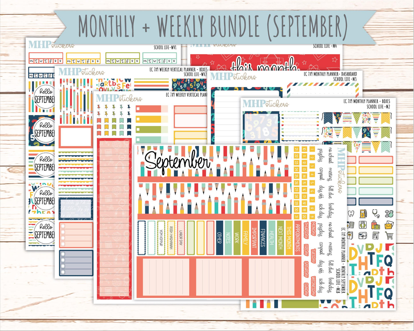 AUGUST & SEPTEMBER Weekly Vertical Kits for 7x9 Erin Condren Planners. 2026 Collection "School Life" || ECWV