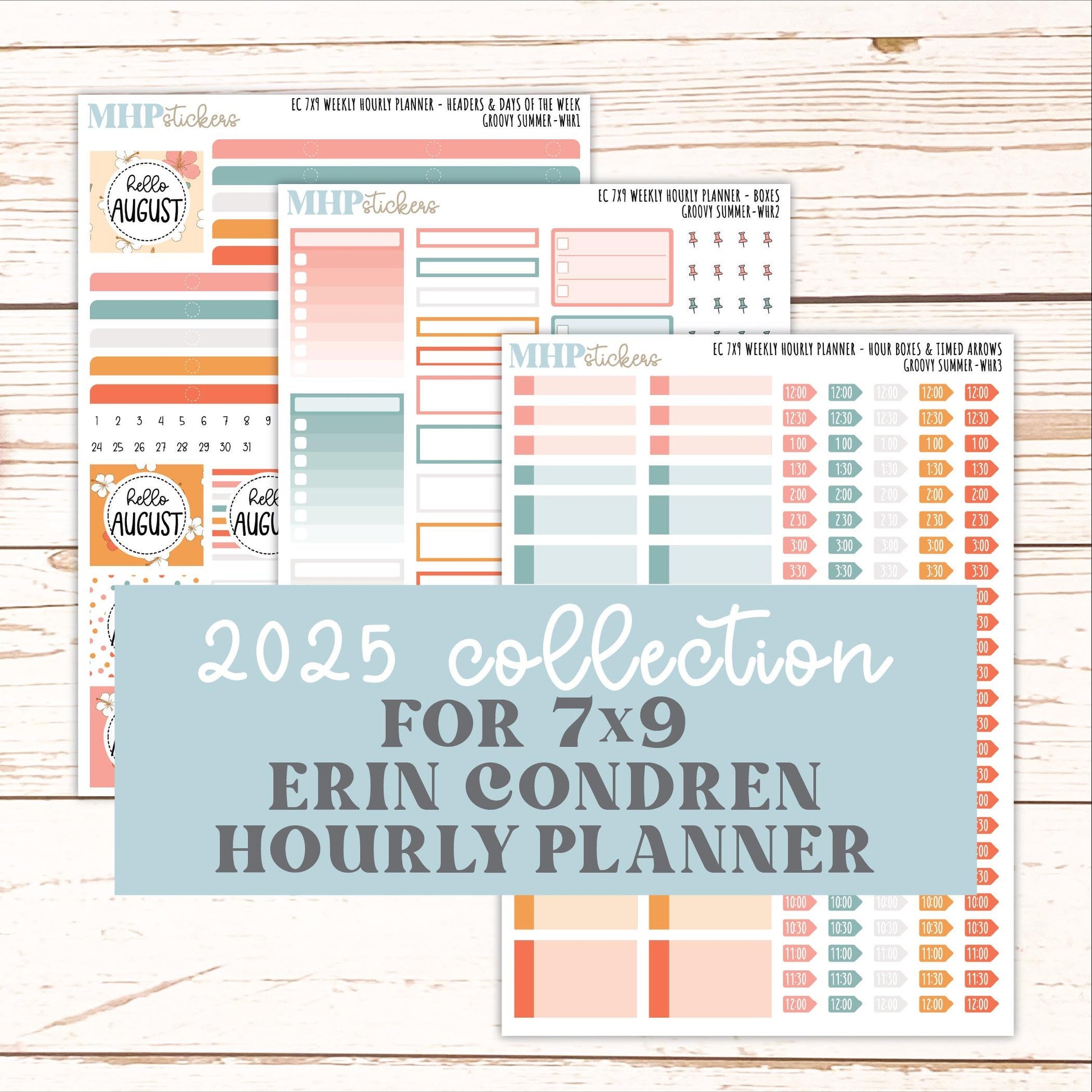 AUGUST Weekly Hourly Planning Kits for 7x9 Erin Condren Planners. 2026 Collection "Groovy Summer" || ECWHR