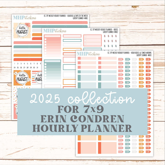 AUGUST Weekly Hourly Planning Kits for 7x9 Erin Condren Planners. 2026 Collection "Groovy Summer" || ECWHR