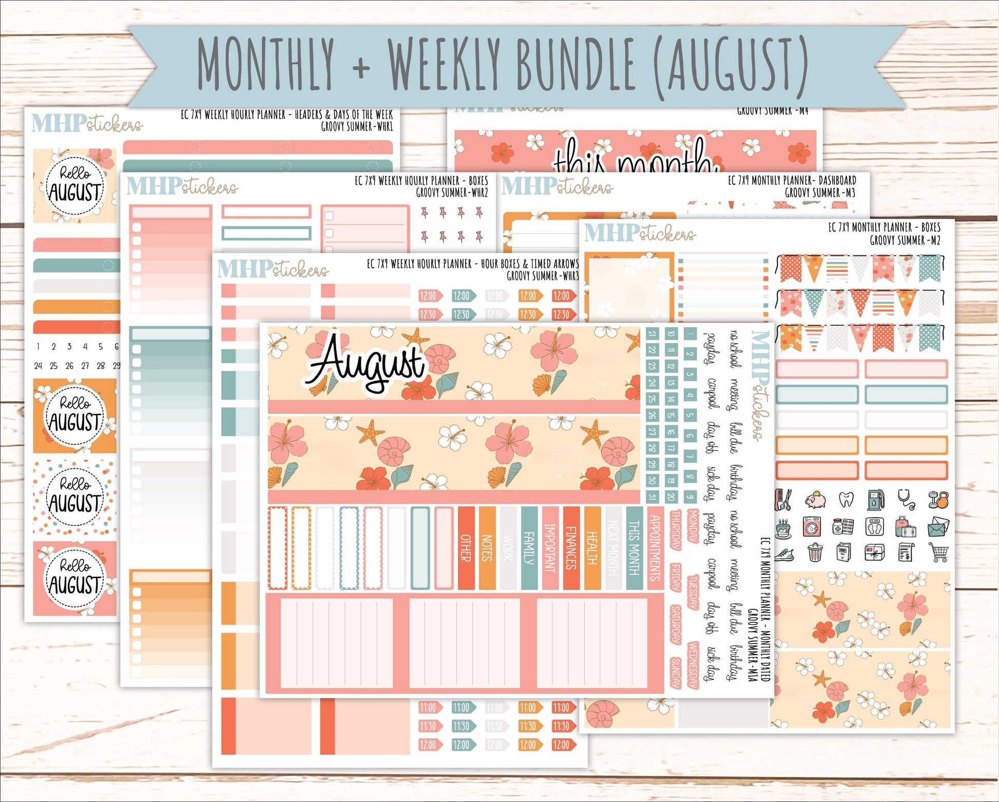 AUGUST Weekly Hourly Planning Kits for 7x9 Erin Condren Planners. 2026 Collection "Groovy Summer" || ECWHR