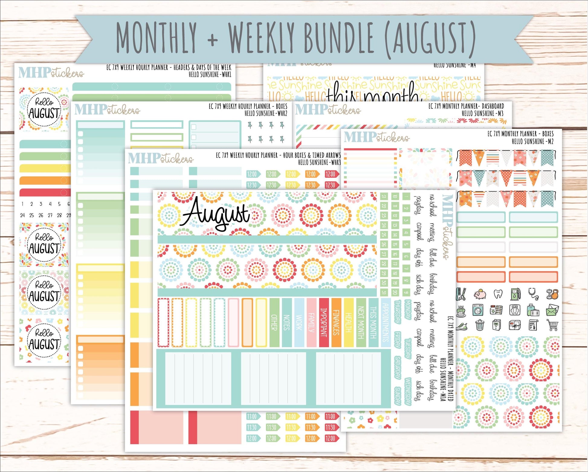 AUGUST Weekly Hourly Planning Kits for 7x9 Erin Condren Planners. 2026 Collection "Hello Sunshine" || ECWHR